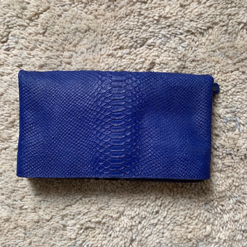 Alice + Olivia Blue Snakeskin Foldover Clutch